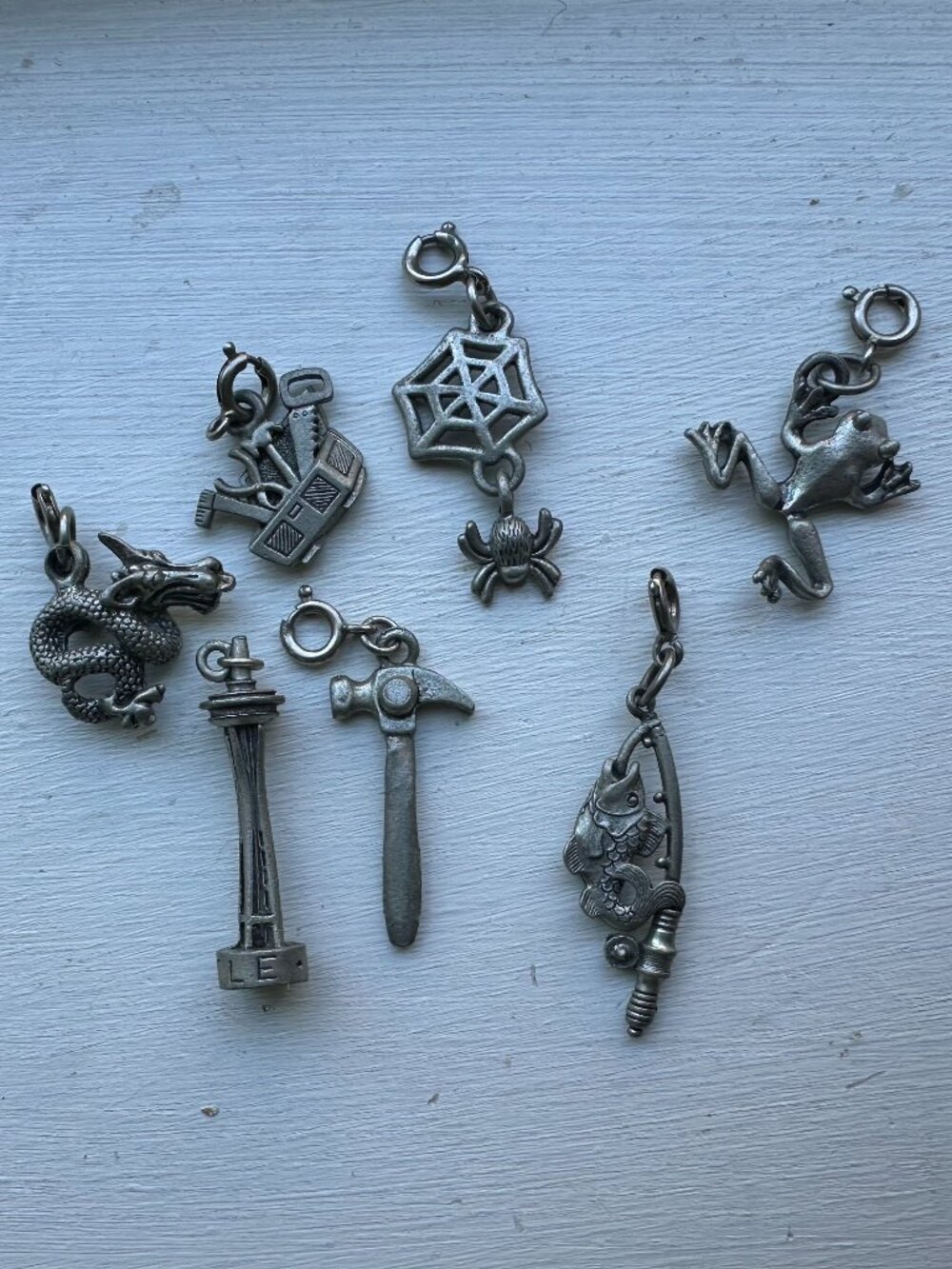 Pewter Silver Tone Charm Lot Tools Hammer Seattle Dragon Frog Fishing Spider Web